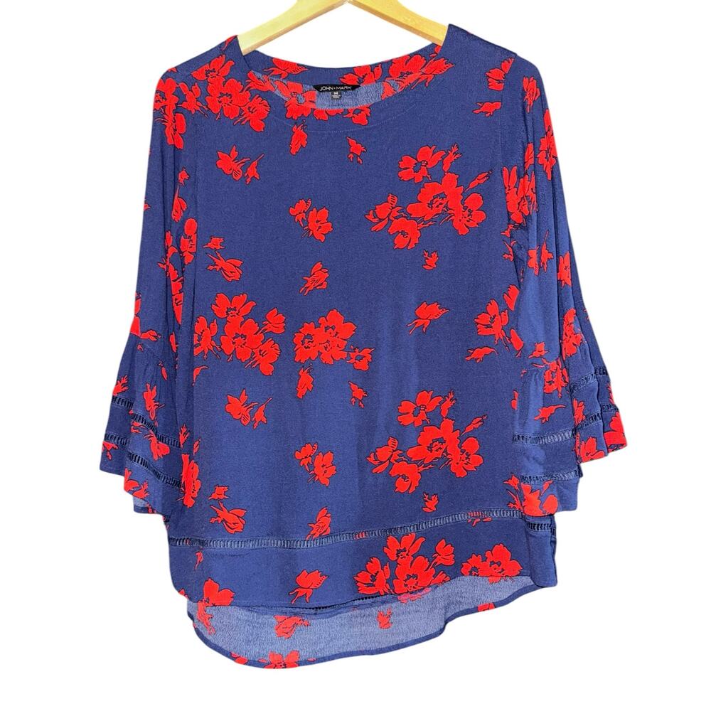 John Mark Floral Bell Sleeve Top Women's Medium Navy Blue Red July Lattice Lace